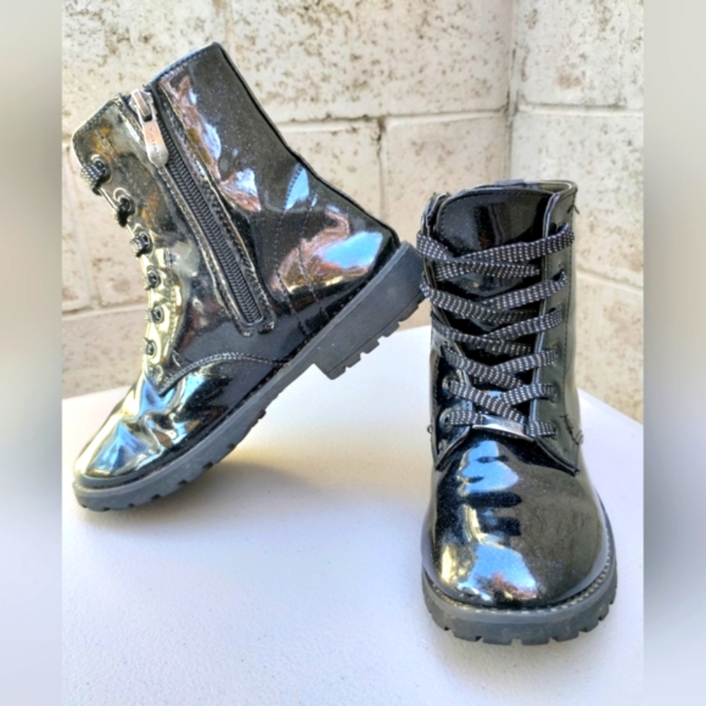 Tahari Black Sparkling Patent Leather Lace Zipper Combat Boots